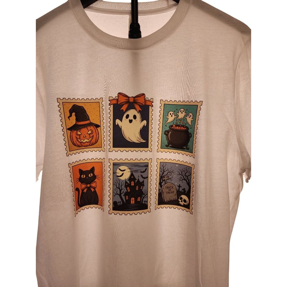Halloween Postage Stamp Large White Graphic Tee features a Witch, Ghost, Haunted